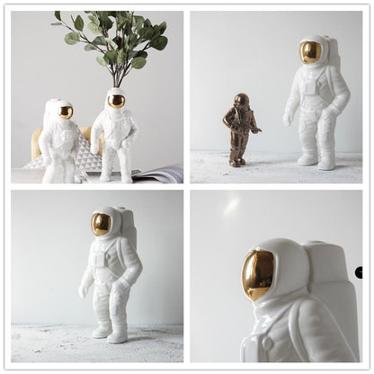 ELECTROPRIME Astronaut Ceramic Model Dried Flowers Ceramic Vase for Tabletop Decor Tool, Shape:Walk(White)
