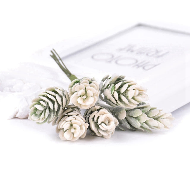 ELECTROPRIME 2 Bunches Artificial Flowers Plant Pine Cone Bouquet for Wedding Christmas Decoration(White)