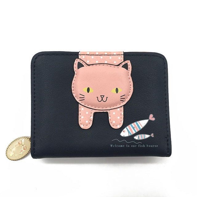 ELECTROPRIME Women Cute Cat Wallet Small Zipper Girl Wallet Coin Purse(Black)