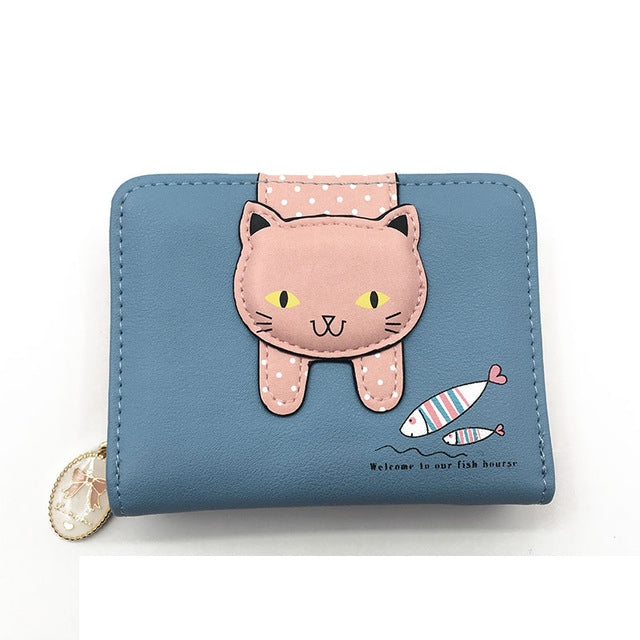 ELECTROPRIME Women Cute Cat Wallet Small Zipper Girl Wallet Coin Purse(Blue)