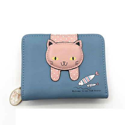 ELECTROPRIME Women Cute Cat Wallet Small Zipper Girl Wallet Coin Purse(Blue)