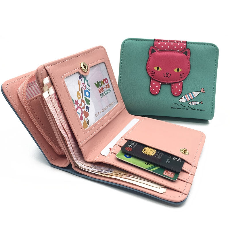 ELECTROPRIME Women Cute Cat Wallet Small Zipper Girl Wallet Coin Purse(Blue)