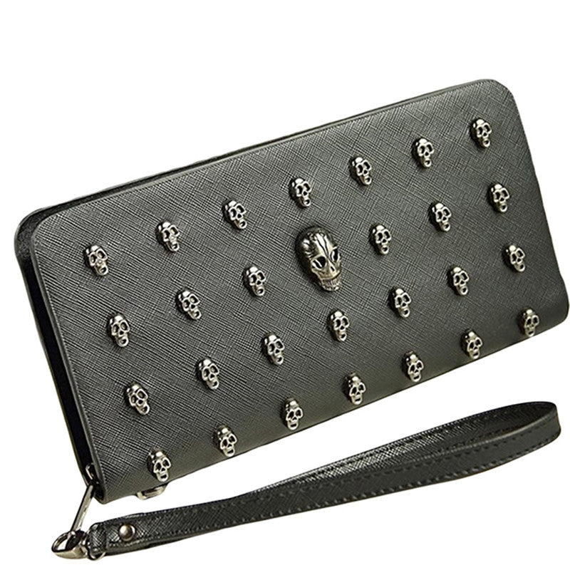 ELECTROPRIME Women Metal Skull Wallet Card Leather Wristlet Handbags