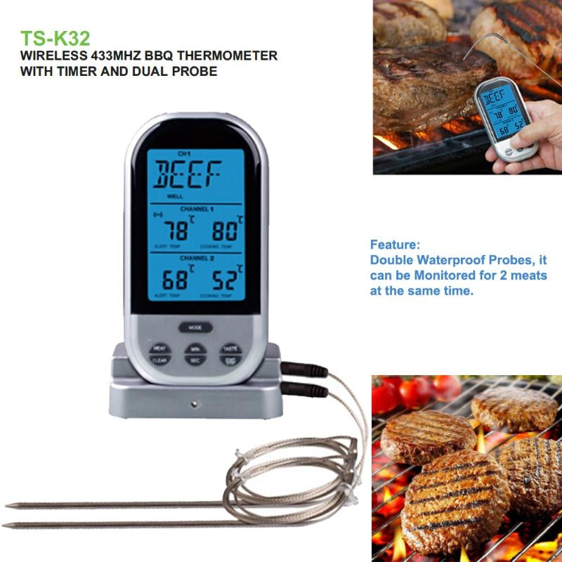 ELECTROPRIME Double Probes Wireless Digital Kitchen Thermometer LCD Display Temperature Timer Alarm for Cooking Meat Grill Oven Food BBQ