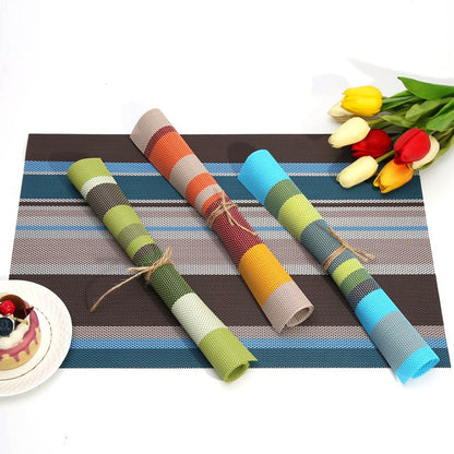 ELECTROPRIME 2 PCS Kitchen Dinning Table Placemat Napkins Heat Resistant PVC Stripe Mat Placemats Manteles Doilies Coaster Cup Pad(Orange)