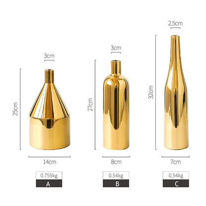 ELECTROPRIME Gold Plated Vase Ceramic Flower Vase Water Planting Container Desktop Decorative Vase, Shape:Three-piece Suit