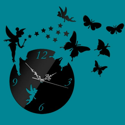 ELECTROPRIME Butterfly Star 3D Acrylic Stereo Living Room Bedroom Decorating Mirror Wall Clock(Black)