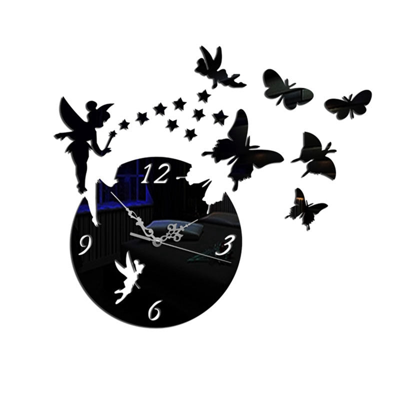 ELECTROPRIME Butterfly Star 3D Acrylic Stereo Living Room Bedroom Decorating Mirror Wall Clock(Black)