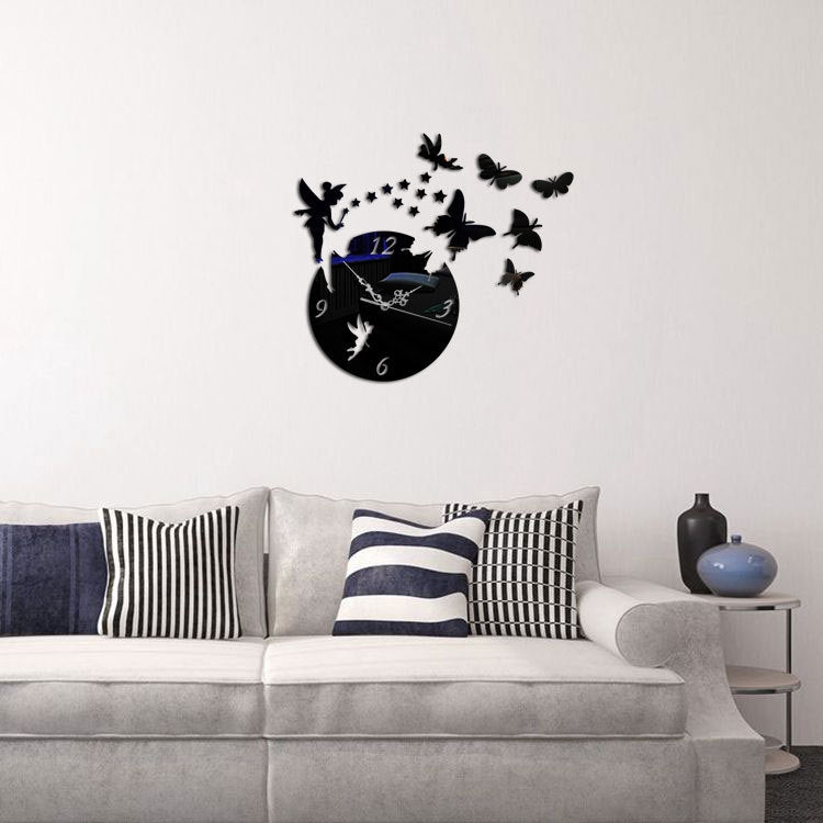 ELECTROPRIME Butterfly Star 3D Acrylic Stereo Living Room Bedroom Decorating Mirror Wall Clock(Black)