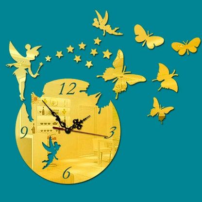 ELECTROPRIME Butterfly Star 3D Acrylic Stereo Living Room Bedroom Decorating Mirror Wall Clock(Gold)