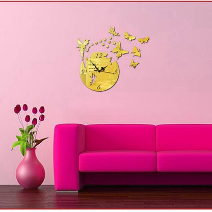 ELECTROPRIME Butterfly Star 3D Acrylic Stereo Living Room Bedroom Decorating Mirror Wall Clock(Gold)
