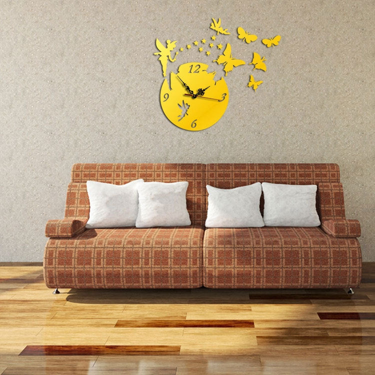 ELECTROPRIME Butterfly Star 3D Acrylic Stereo Living Room Bedroom Decorating Mirror Wall Clock(Gold)
