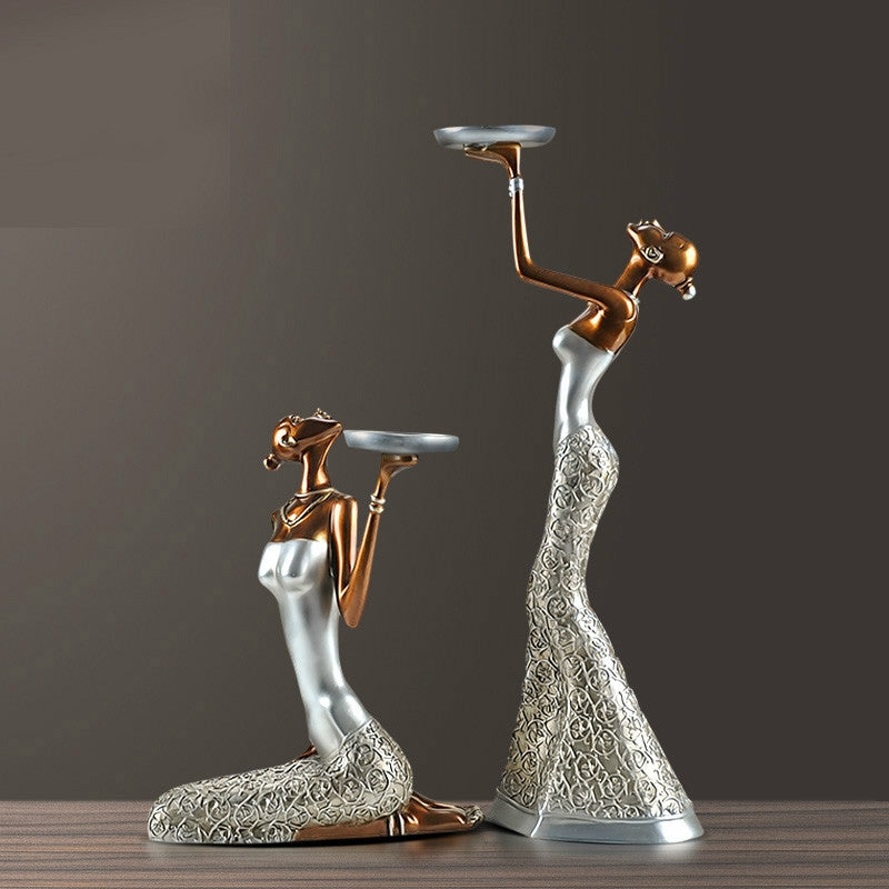 ELECTROPRIME Classical Lady Sculpture Polyresin Vintage Candle Holder Dinning Table Art and Craft Ornament, Without Candles(Ancient Silver)