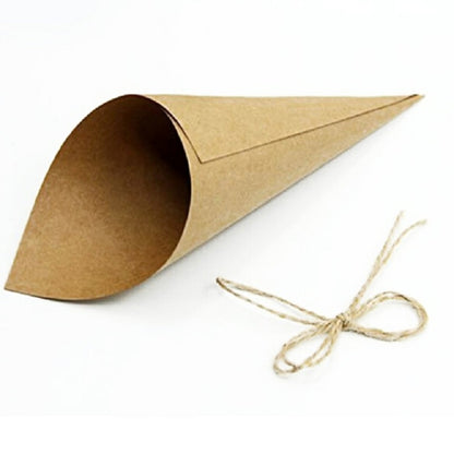 ELECTROPRIME 100 PCS Kraft Paper Cone Bouquet Candy Bag Christmas Wedding Party Gift Wrap with Twine, Size:14.5CM(Kraft Paper)