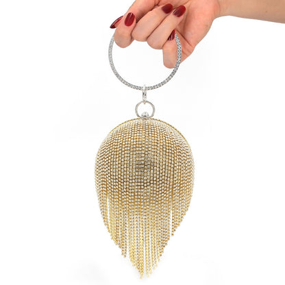 ELECTROPRIME Diamond Tassel Women Party Metal Crystal Clutches Evening Bags Wedding Bag Bridal Shoulder Handbag(Gold Crystal Bag)
