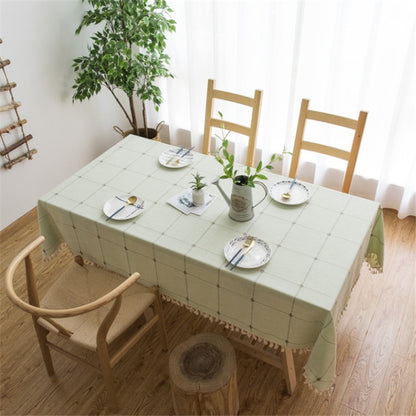 ELECTROPRIME Square Lattice Embroidered Tablecloth Pure Color Cotton Linen Tassel Rectangular Coffee Table Mat, Size:90x90cm(Green)