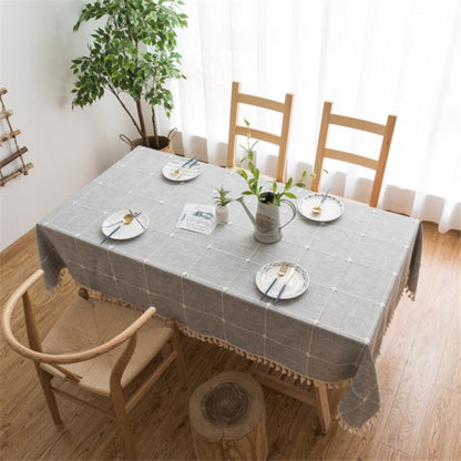 ELECTROPRIME Square Lattice Embroidered Tablecloth Pure Color Cotton Linen Tassel Rectangular Coffee Table Mat, Size:100x160cm(Grey)