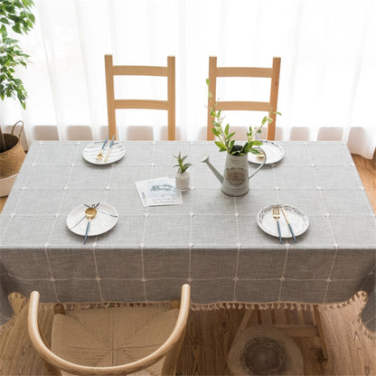 ELECTROPRIME Square Lattice Embroidered Tablecloth Pure Color Cotton Linen Tassel Rectangular Coffee Table Mat, Size:100x160cm(Grey)