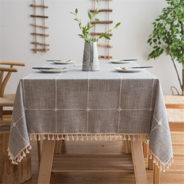 ELECTROPRIME Square Lattice Embroidered Tablecloth Pure Color Cotton Linen Tassel Rectangular Coffee Table Mat, Size:100x160cm(Grey)