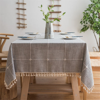 ELECTROPRIME Square Lattice Embroidered Tablecloth Pure Color Cotton Linen Tassel Rectangular Coffee Table Mat, Size:100x160cm(Grey)