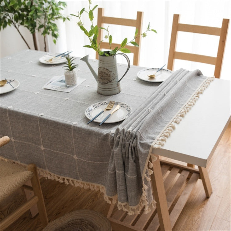 ELECTROPRIME Square Lattice Embroidered Tablecloth Pure Color Cotton Linen Tassel Rectangular Coffee Table Mat, Size:100x160cm(Grey)