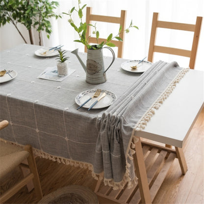 ELECTROPRIME Square Lattice Embroidered Tablecloth Pure Color Cotton Linen Tassel Rectangular Coffee Table Mat, Size:100x160cm(Grey)