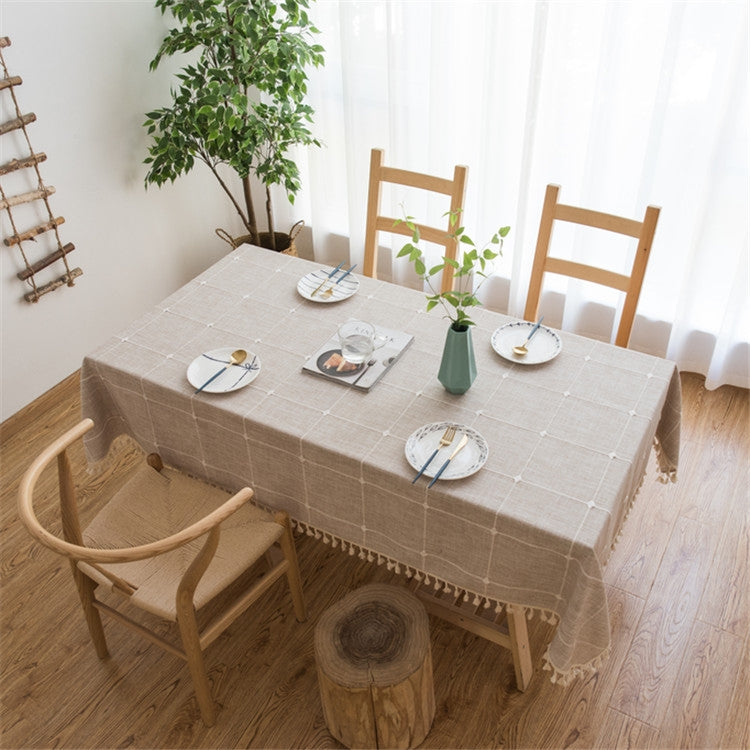 ELECTROPRIME Square Lattice Embroidered Tablecloth Pure Color Cotton Linen Tassel Rectangular Coffee Table Mat, Size:100x160cm(Brown)