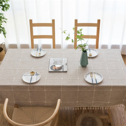ELECTROPRIME Square Lattice Embroidered Tablecloth Pure Color Cotton Linen Tassel Rectangular Coffee Table Mat, Size:100x160cm(Brown)