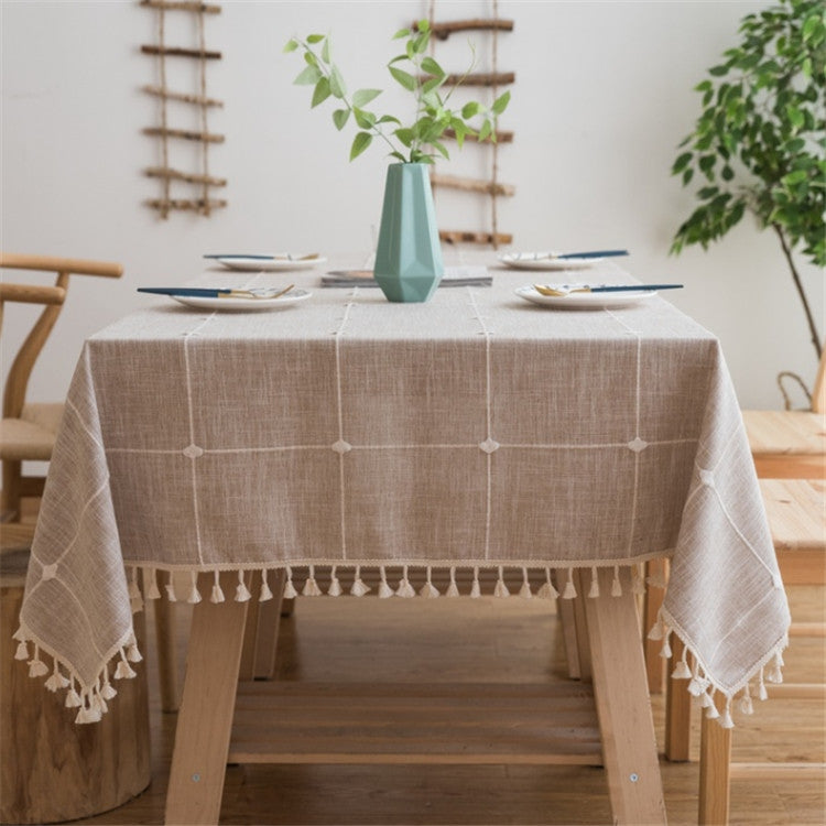 ELECTROPRIME Square Lattice Embroidered Tablecloth Pure Color Cotton Linen Tassel Rectangular Coffee Table Mat, Size:100x160cm(Brown)