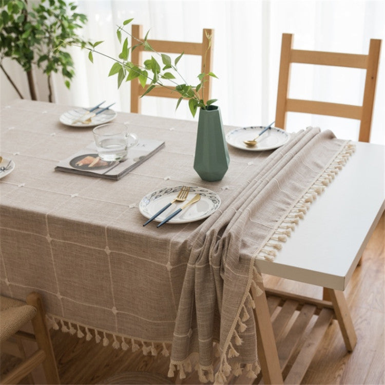 ELECTROPRIME Square Lattice Embroidered Tablecloth Pure Color Cotton Linen Tassel Rectangular Coffee Table Mat, Size:100x160cm(Brown)