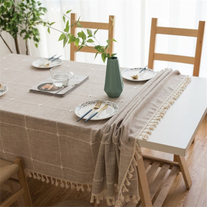 ELECTROPRIME Square Lattice Embroidered Tablecloth Pure Color Cotton Linen Tassel Rectangular Coffee Table Mat, Size:100x160cm(Brown)