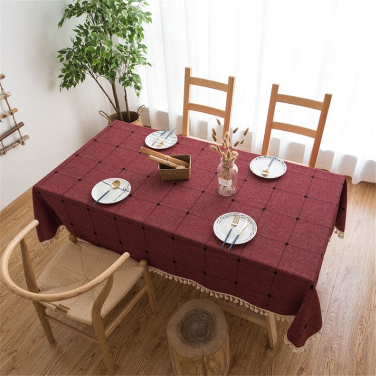 ELECTROPRIME Square Lattice Embroidered Tablecloth Pure Color Cotton Linen Tassel Rectangular Coffee Table Mat, Size:100x160cm(Red)