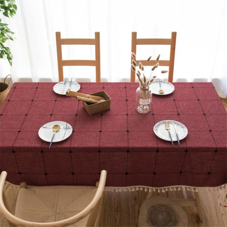 ELECTROPRIME Square Lattice Embroidered Tablecloth Pure Color Cotton Linen Tassel Rectangular Coffee Table Mat, Size:100x160cm(Red)