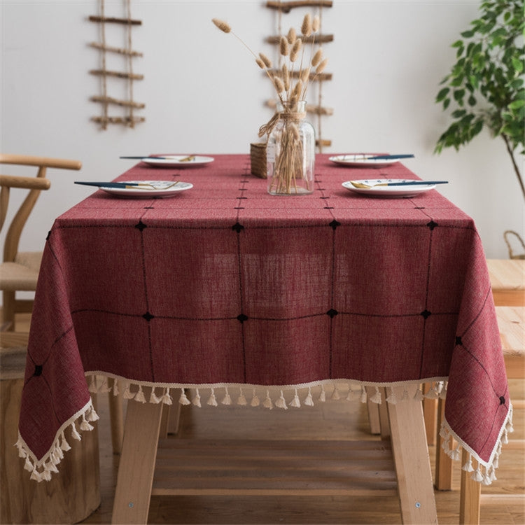 ELECTROPRIME Square Lattice Embroidered Tablecloth Pure Color Cotton Linen Tassel Rectangular Coffee Table Mat, Size:100x160cm(Red)