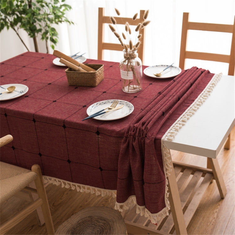 ELECTROPRIME Square Lattice Embroidered Tablecloth Pure Color Cotton Linen Tassel Rectangular Coffee Table Mat, Size:100x160cm(Red)