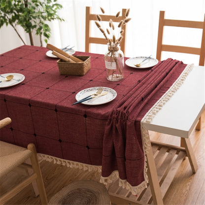 ELECTROPRIME Square Lattice Embroidered Tablecloth Pure Color Cotton Linen Tassel Rectangular Coffee Table Mat, Size:100x160cm(Red)