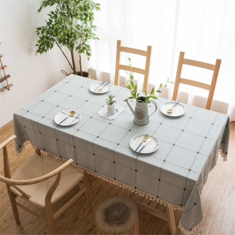 ELECTROPRIME Square Lattice Embroidered Tablecloth Pure Color Cotton Linen Tassel Rectangular Coffee Table Mat, Size:100x160cm(Coffee)