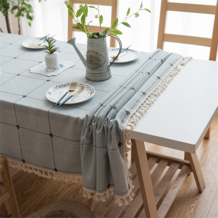 ELECTROPRIME Square Lattice Embroidered Tablecloth Pure Color Cotton Linen Tassel Rectangular Coffee Table Mat, Size:100x160cm(Coffee)