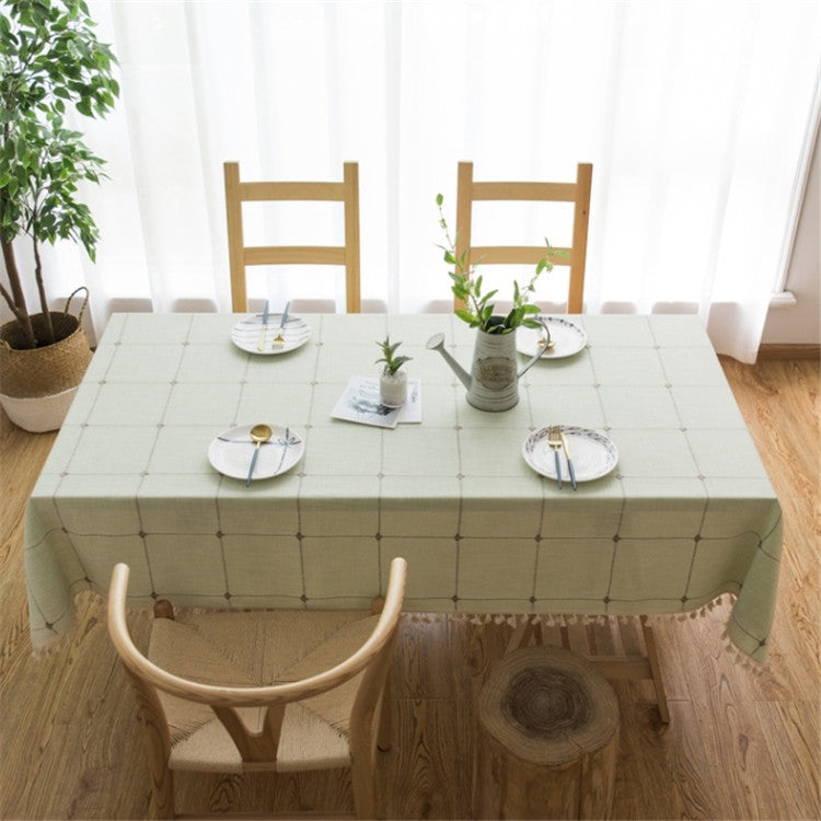 ELECTROPRIME Square Lattice Embroidered Tablecloth Pure Color Cotton Linen Tassel Rectangular Coffee Table Mat, Size:100x160cm(Green)
