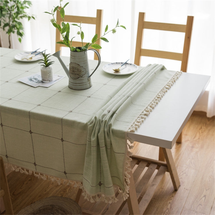 ELECTROPRIME Square Lattice Embroidered Tablecloth Pure Color Cotton Linen Tassel Rectangular Coffee Table Mat, Size:100x160cm(Green)