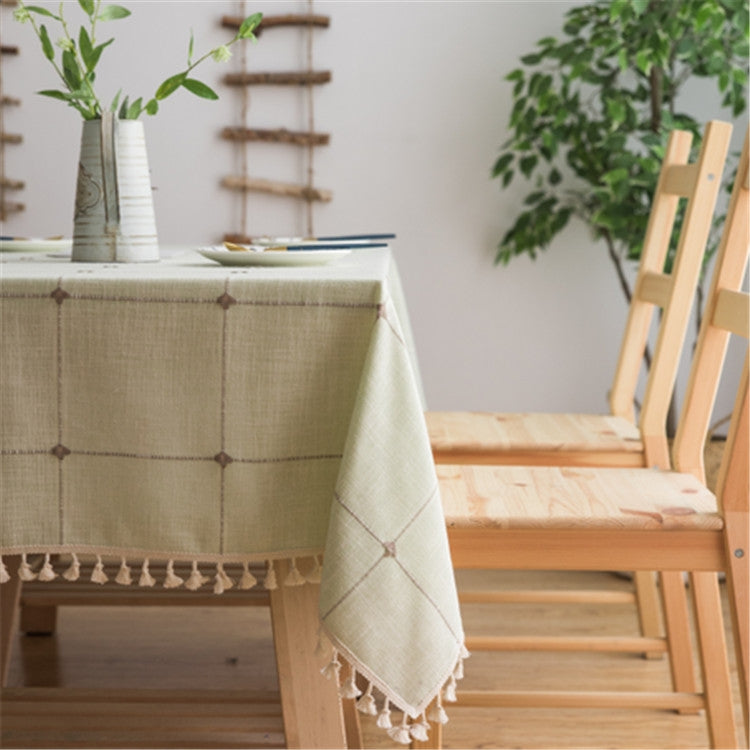 ELECTROPRIME Square Lattice Embroidered Tablecloth Pure Color Cotton Linen Tassel Rectangular Coffee Table Mat, Size:100x160cm(Green)