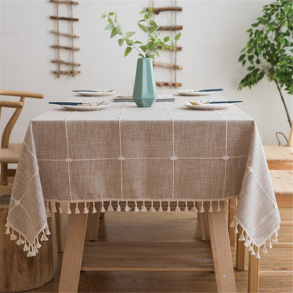 ELECTROPRIME Square Lattice Embroidered Tablecloth Pure Color Cotton Linen Tassel Rectangular Coffee Table Mat, Size:110x170cm(Brown)