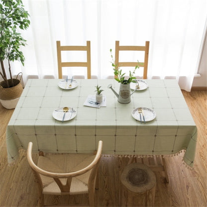 ELECTROPRIME Square Lattice Embroidered Tablecloth Pure Color Cotton Linen Tassel Rectangular Coffee Table Mat, Size:140x220cm(Green)