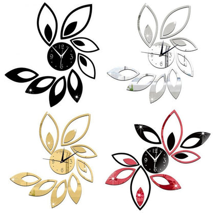 ELECTROPRIME Flower Art Modern Design DIY Removable 3D Crystal Mirror Wall Clock Wall Sticker Living Room Bedroom Decor(Black)