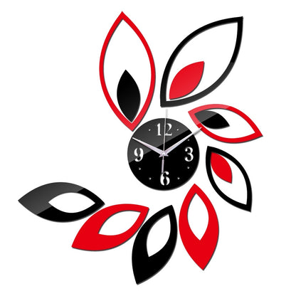 ELECTROPRIME Flower Art Modern Design DIY Removable 3D Crystal Mirror Wall Clock Wall Sticker Living Room Bedroom Decor(Red+Black)