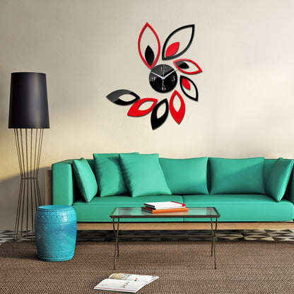 ELECTROPRIME Flower Art Modern Design DIY Removable 3D Crystal Mirror Wall Clock Wall Sticker Living Room Bedroom Decor(Red+Black)