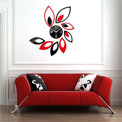 ELECTROPRIME Flower Art Modern Design DIY Removable 3D Crystal Mirror Wall Clock Wall Sticker Living Room Bedroom Decor(Red+Black)
