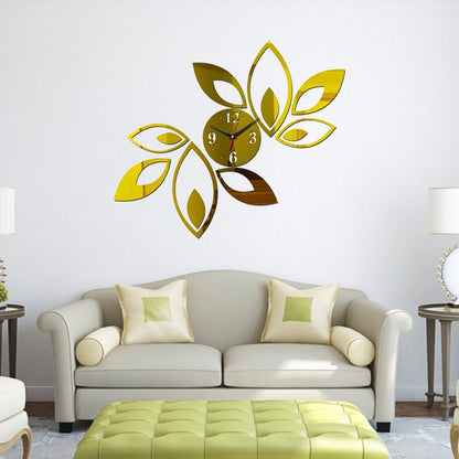 ELECTROPRIME Flower Art Modern Design DIY Removable 3D Crystal Mirror Wall Clock Wall Sticker Living Room Bedroom Decor(Gold)