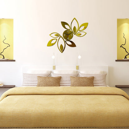 ELECTROPRIME Flower Art Modern Design DIY Removable 3D Crystal Mirror Wall Clock Wall Sticker Living Room Bedroom Decor(Gold)