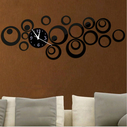 ELECTROPRIME Wall Clock 3D Three-dimensional Acrylic Fashion Mirror Wall Stickers Clock DIY Circle Combination Decorative Clock(Black)